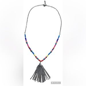 Women’s Silver Tassel Necklace With Multicolored Bead Accents Sz OS